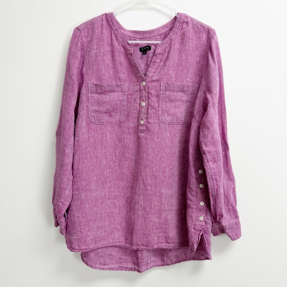 Talbots Shirt Womens Large Purple Roll Tab Tunic Blouse Linen Button Detail